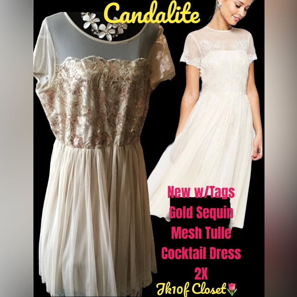 LOWEST🌺 NWT Candalite 2X GOLD SEQUIN & TULLE MIDI COCKTAIL DRESS
